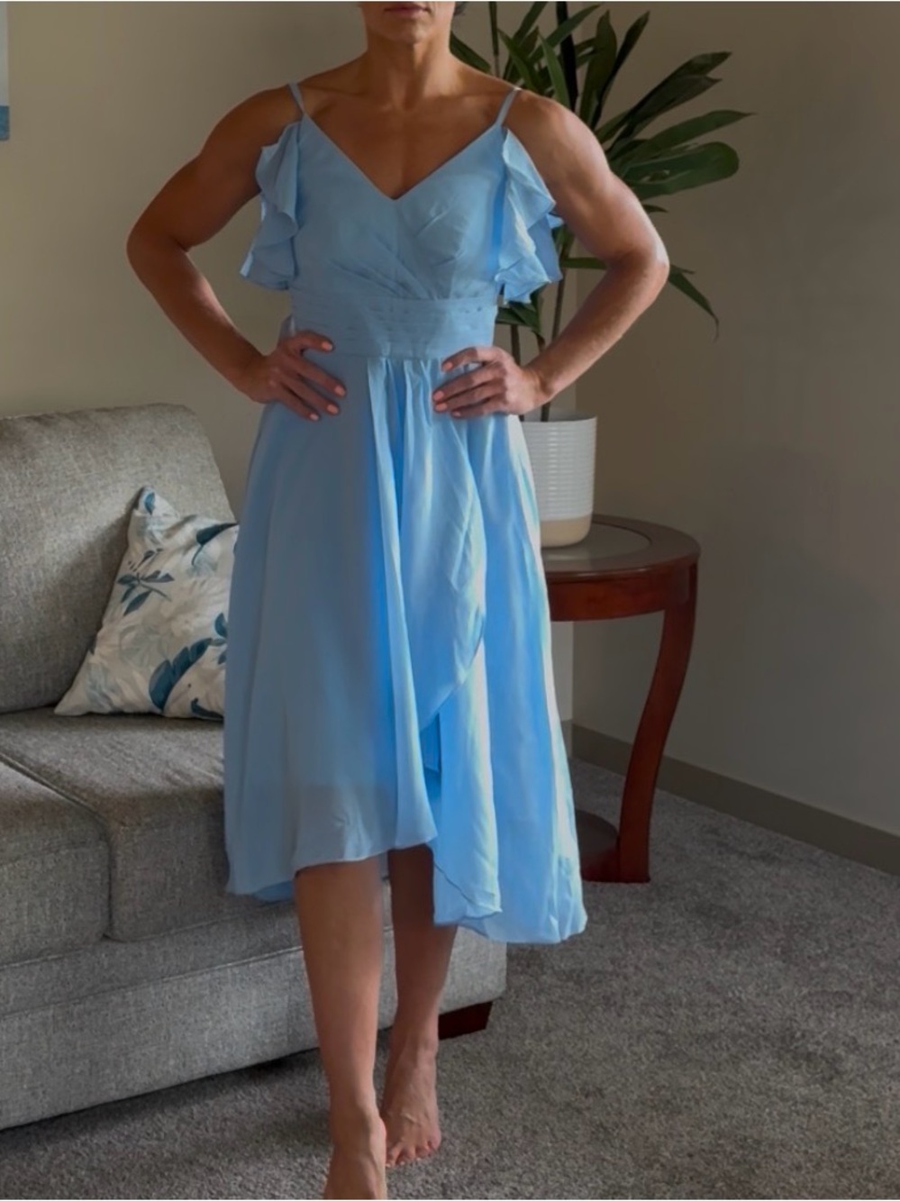 Light Blue Ruffle Cold-Shoulder Midi Dress - Picture 2 of 8